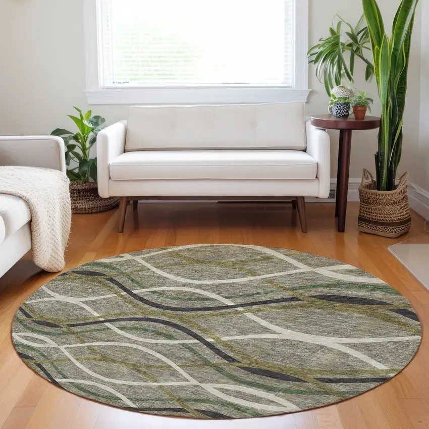 8' Taupe Green And Gold Abstract Washable Round Rug With UV Protection Photo 5