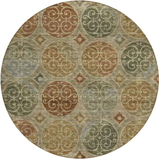 8' Taupe Green And Gold Round Trellis Washable Indoor Outdoor Area Rug Photo 1