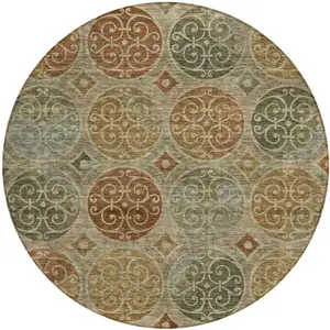 Photo of 8' Taupe Green And Gold Round Trellis Washable Indoor Outdoor Area Rug