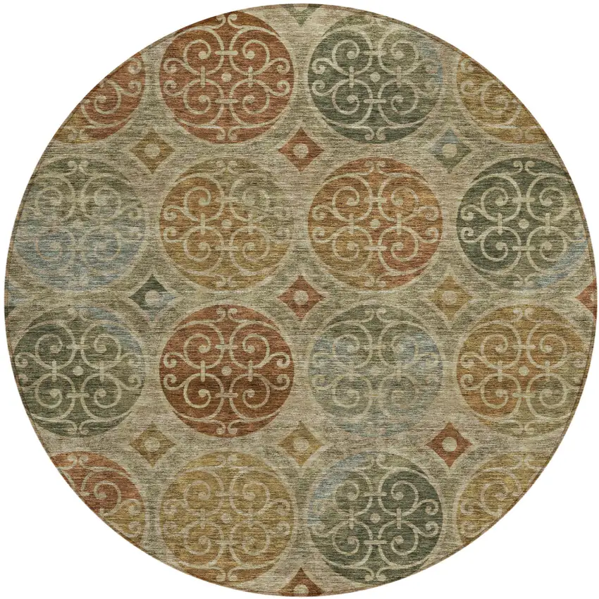 8' Taupe Green And Gold Round Trellis Washable Indoor Outdoor Area Rug Photo 1