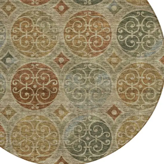 8' Taupe Green And Gold Round Trellis Washable Indoor Outdoor Area Rug Photo 4