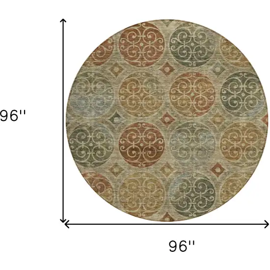 8' Taupe Green And Gold Round Trellis Washable Indoor Outdoor Area Rug Photo 3