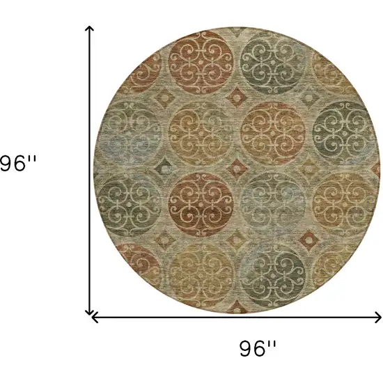 8' Taupe Green And Gold Round Trellis Washable Indoor Outdoor Area Rug Photo 3
