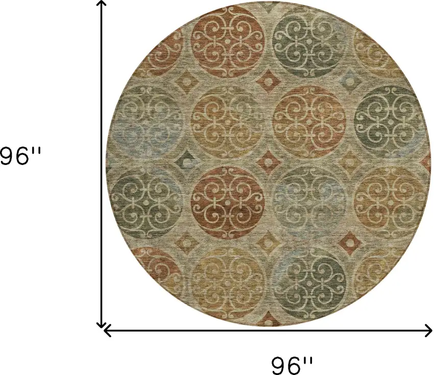 8' Taupe Green And Gold Round Trellis Washable Indoor Outdoor Area Rug Photo 3