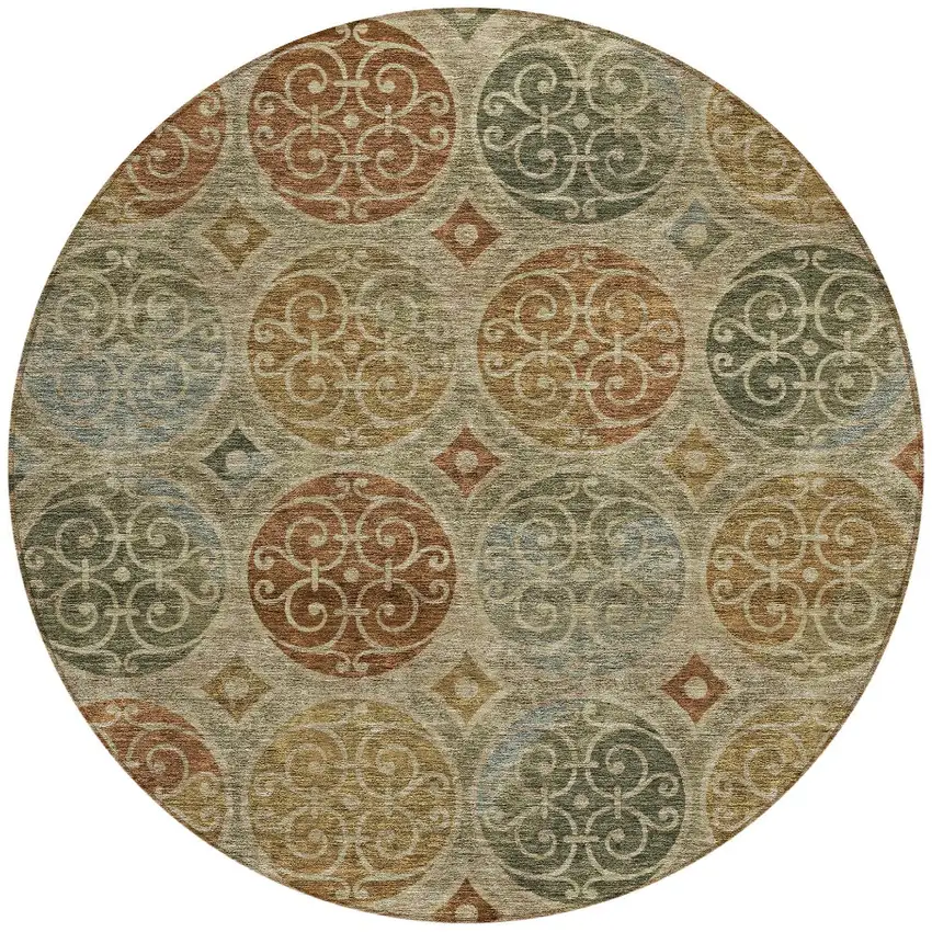 8' Taupe Green And Gold Round Trellis Washable Indoor Outdoor Area Rug Photo 7