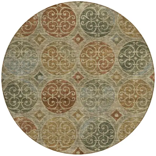 8' Taupe Green And Gold Round Trellis Washable Indoor Outdoor Area Rug Photo 7