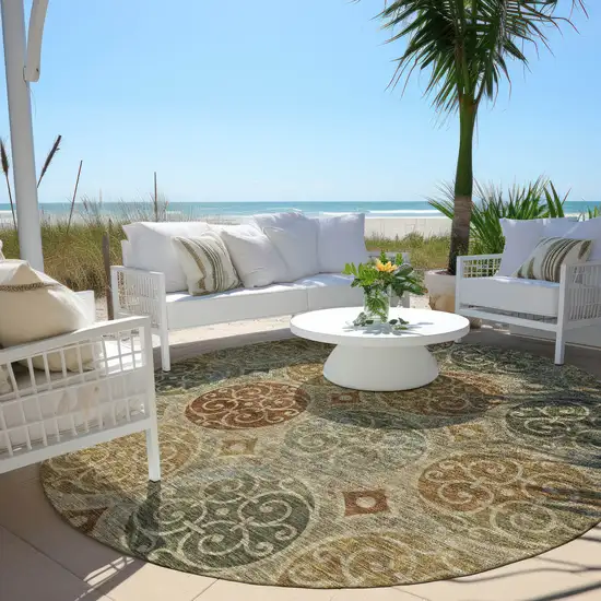 8' Taupe Green And Gold Round Trellis Washable Indoor Outdoor Area Rug Photo 8