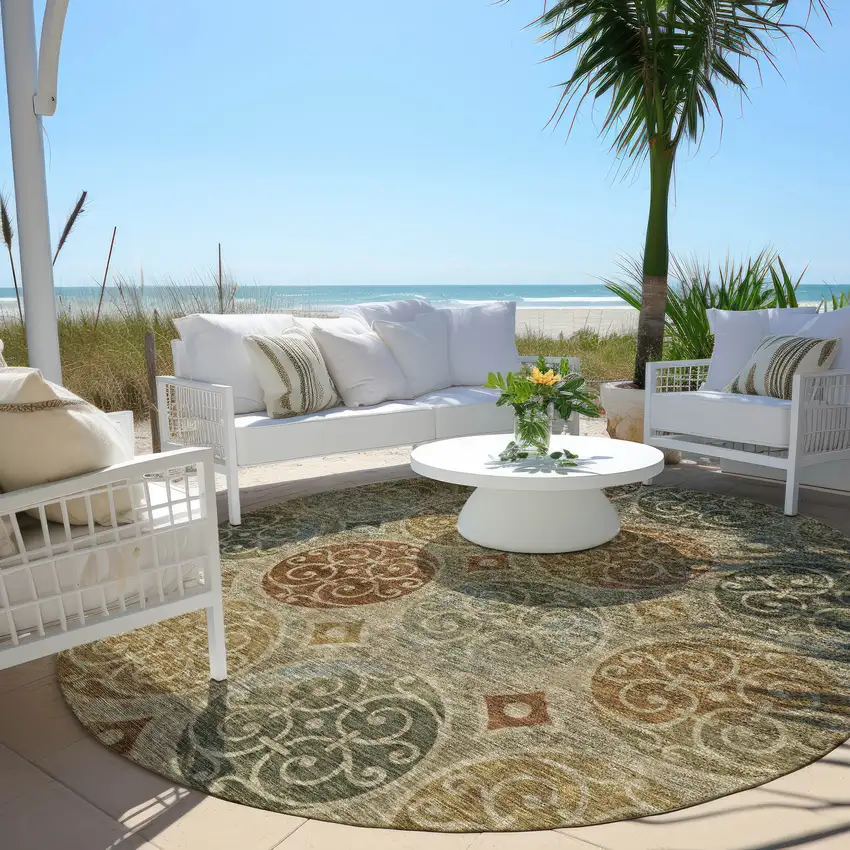 8' Taupe Green And Gold Round Trellis Washable Indoor Outdoor Area Rug Photo 8