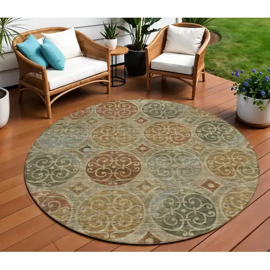 8' Taupe Green And Gold Round Trellis Washable Indoor Outdoor Area Rug Photo 1