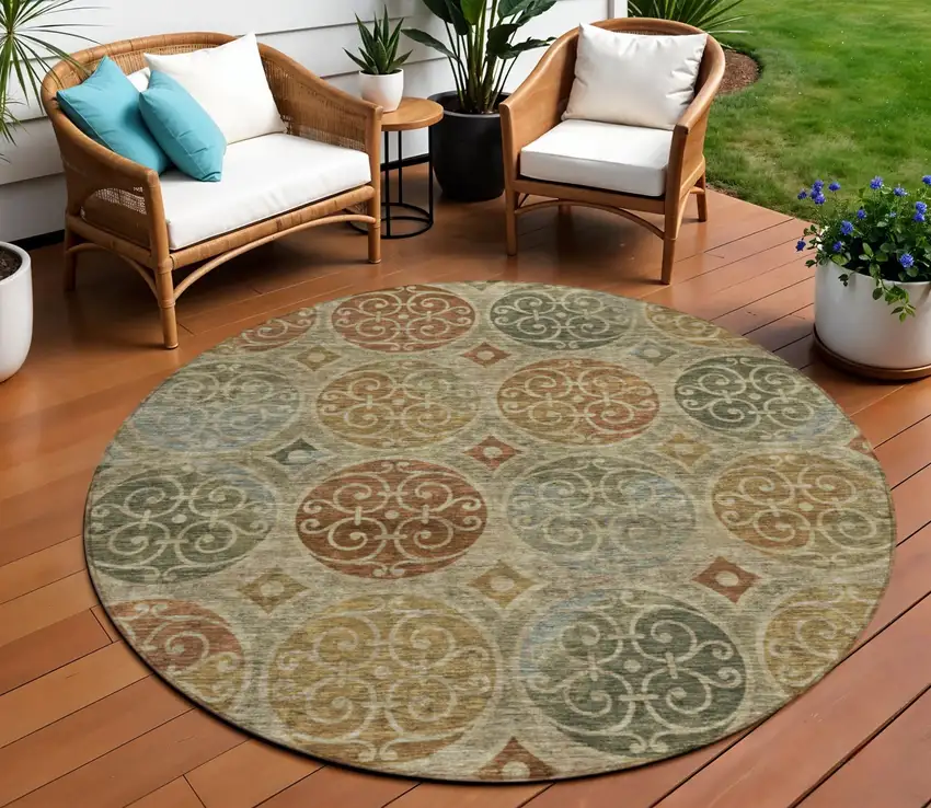 8' Taupe Green And Gold Round Trellis Washable Indoor Outdoor Area Rug Photo 1