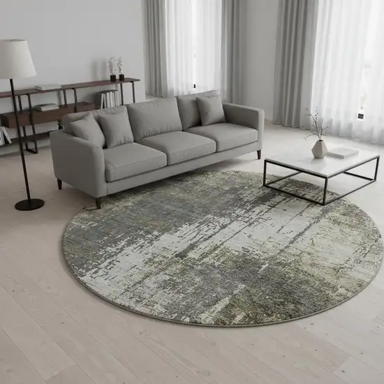 8' Taupe Green And Gray Abstract Washable Round Rug With UV Protection Photo 2