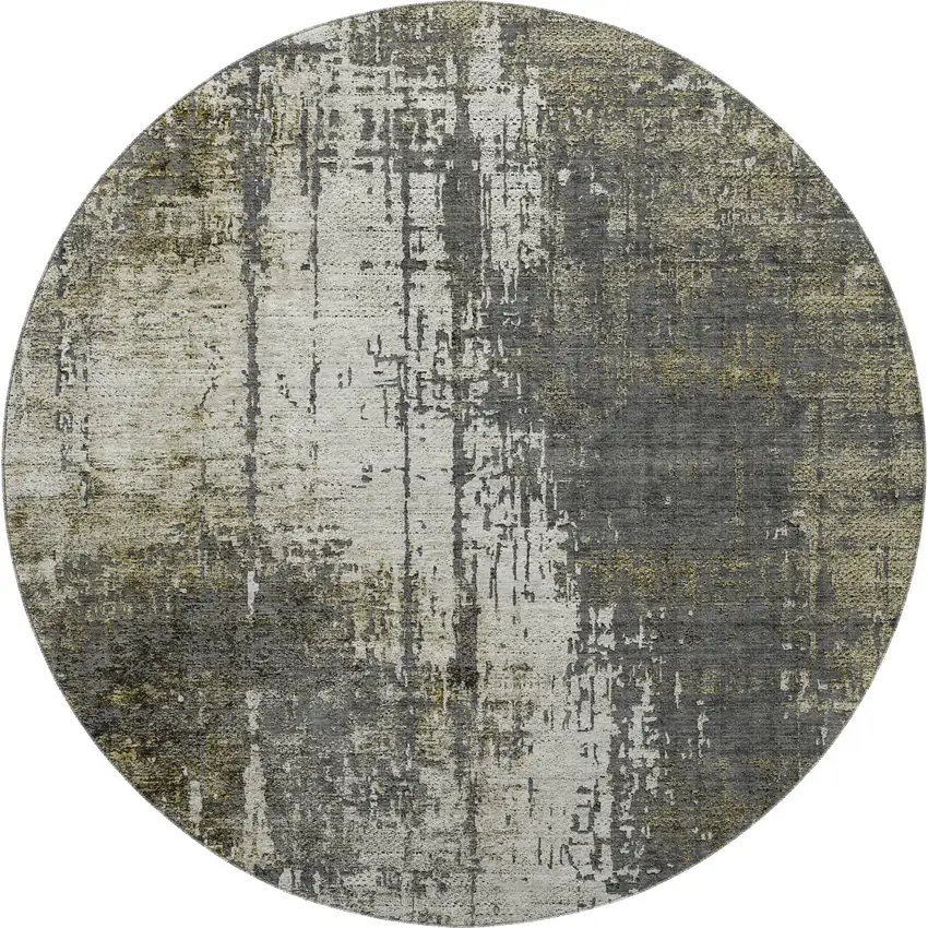 8' Taupe Green And Gray Abstract Washable Round Rug With UV Protection Photo 4
