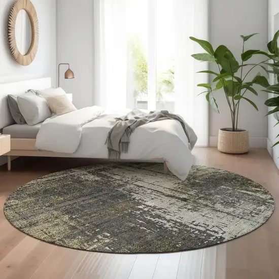 8' Taupe Green And Gray Abstract Washable Round Rug With UV Protection Photo 5