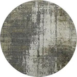 Photo of 8' Taupe Green And Gray Abstract Washable Round Rug With UV Protection