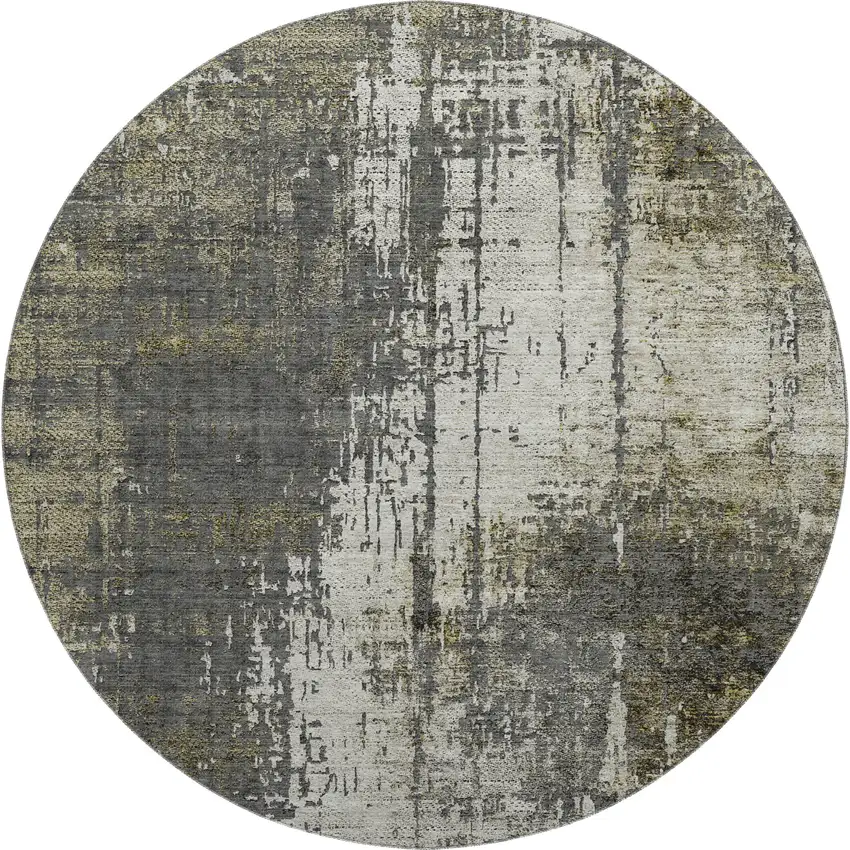 8' Taupe Green And Gray Abstract Washable Round Rug With UV Protection Photo 1