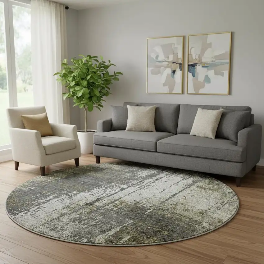 8' Taupe Green And Gray Abstract Washable Round Rug With UV Protection Photo 1