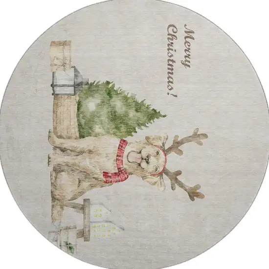 8' Taupe Green And Gray Animal Print Washable Round Rug With UV Protection Photo 5