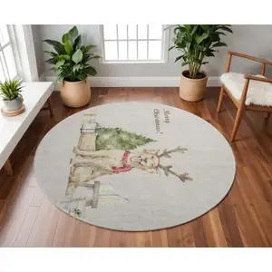 Photo of 8' Taupe Green And Gray Animal Print Washable Round Rug With UV Protection