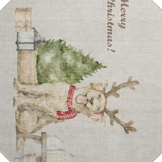 8' Taupe Green And Gray Animal Print Washable Round Rug With UV Protection Photo 4