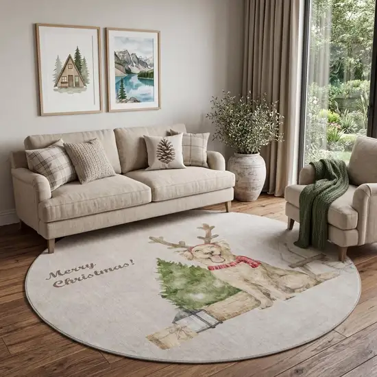 8' Taupe Green And Gray Christmas Dog Washable Round Rug With UV Protection Photo 1
