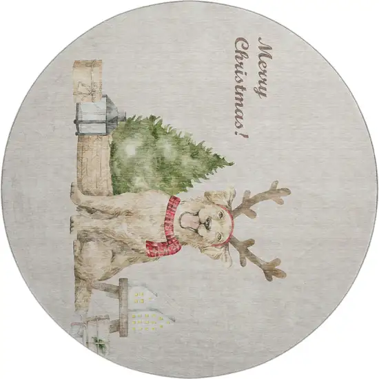 8' Taupe Green And Gray Animal Print Washable Round Rug With UV Protection Photo 2