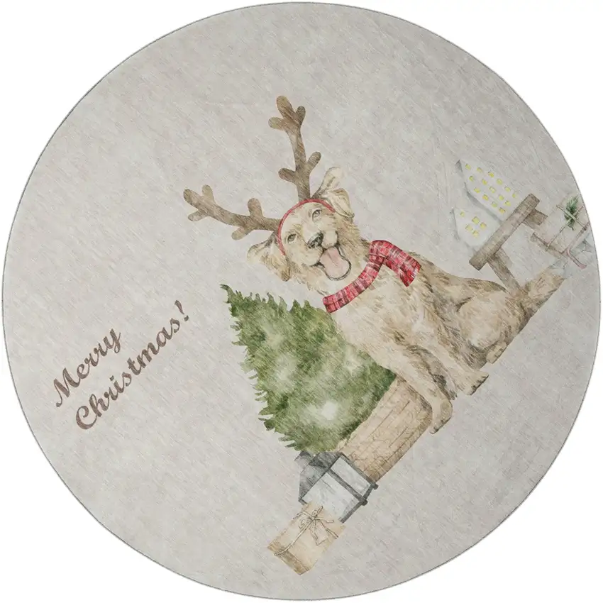 8' Taupe Green And Gray Christmas Dog Washable Round Rug With UV Protection Photo 2