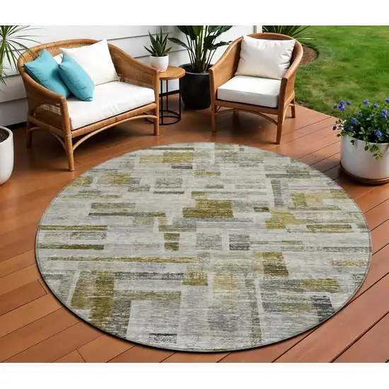 8' Taupe Green And Gray Round Striped Washable Indoor Outdoor Area Rug Photo 1