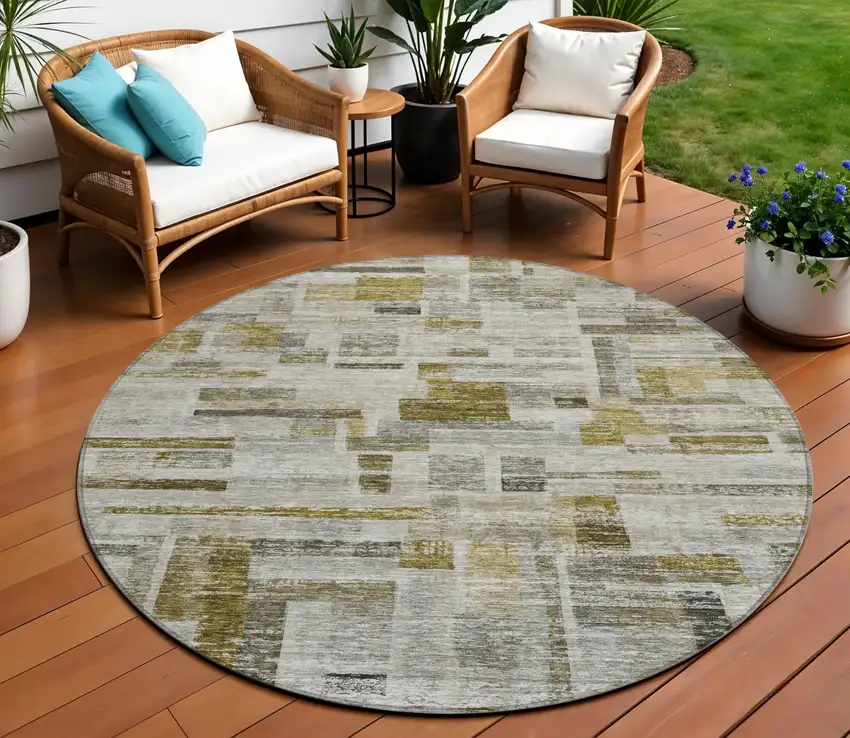 8' Taupe Green And Gray Round Striped Washable Indoor Outdoor Area Rug Photo 1