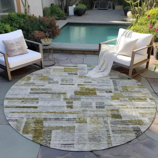 8' Taupe Green And Gray Round Striped Washable Indoor Outdoor Area Rug Photo 6