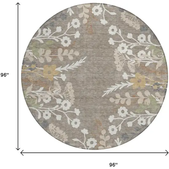 8' Taupe Green And Ivory Round Floral Washable Indoor Outdoor Area Rug Photo 3