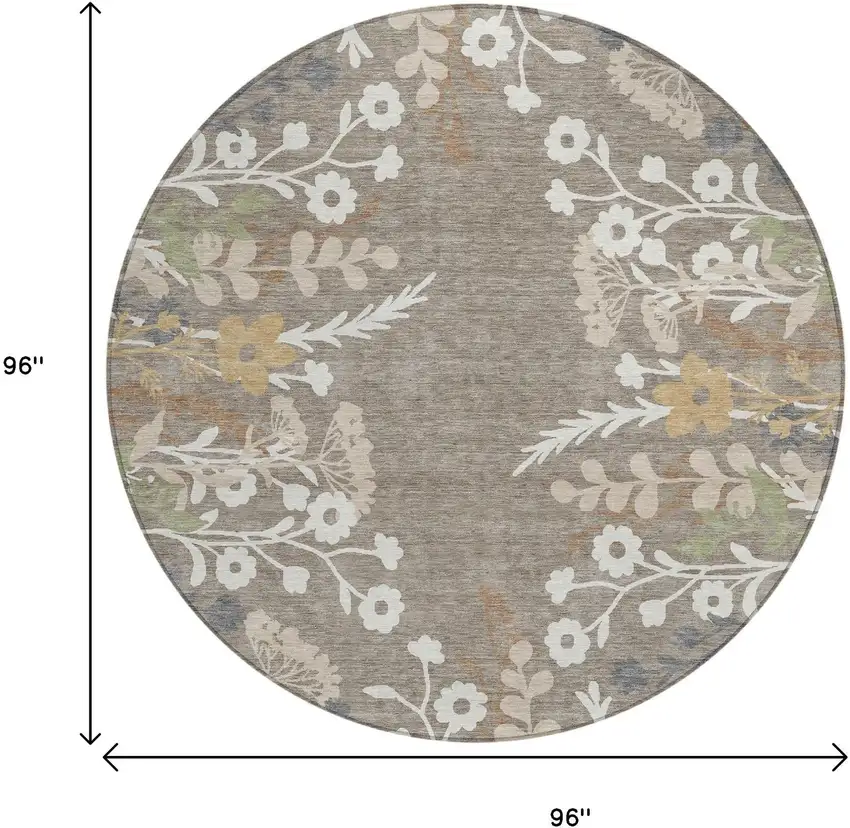 8' Taupe Green And Ivory Round Floral Washable Indoor Outdoor Area Rug Photo 3