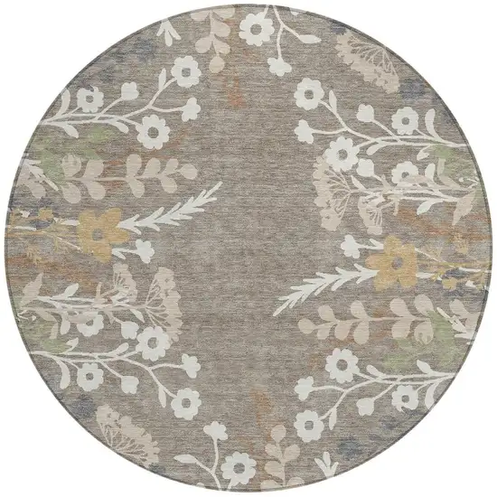 8' Taupe Green And Ivory Round Floral Washable Indoor Outdoor Area Rug Photo 4