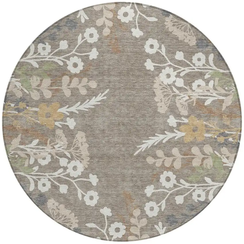 8' Taupe Green And Ivory Round Floral Washable Indoor Outdoor Area Rug Photo 4