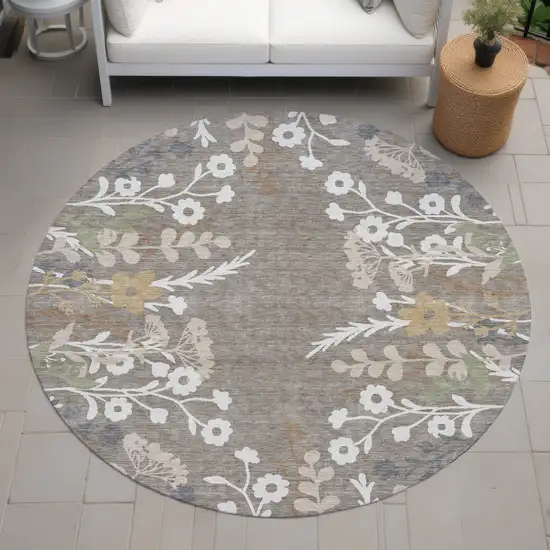 8' Taupe Green And Ivory Round Floral Washable Indoor Outdoor Area Rug Photo 8