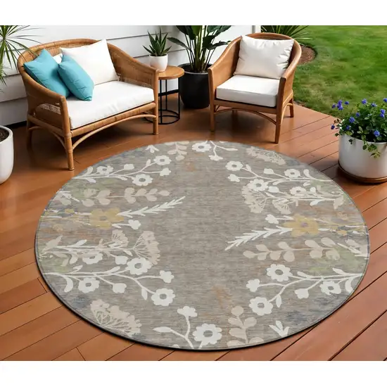 8' Taupe Green And Ivory Round Floral Washable Indoor Outdoor Area Rug Photo 1