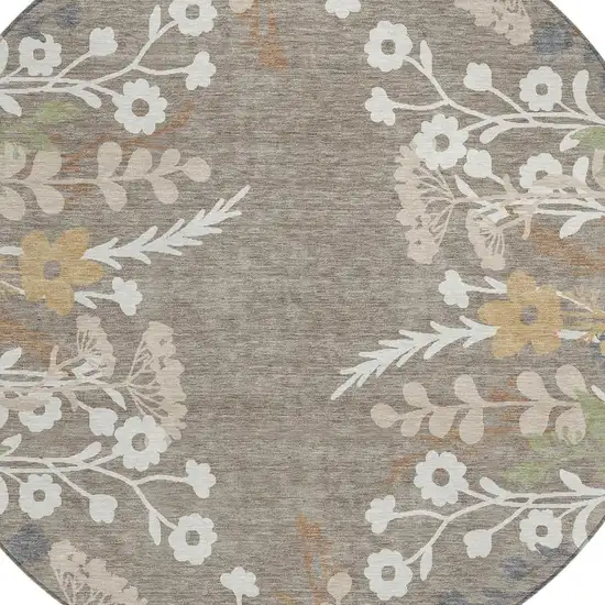 8' Taupe Green And Ivory Round Floral Washable Indoor Outdoor Area Rug Photo 7