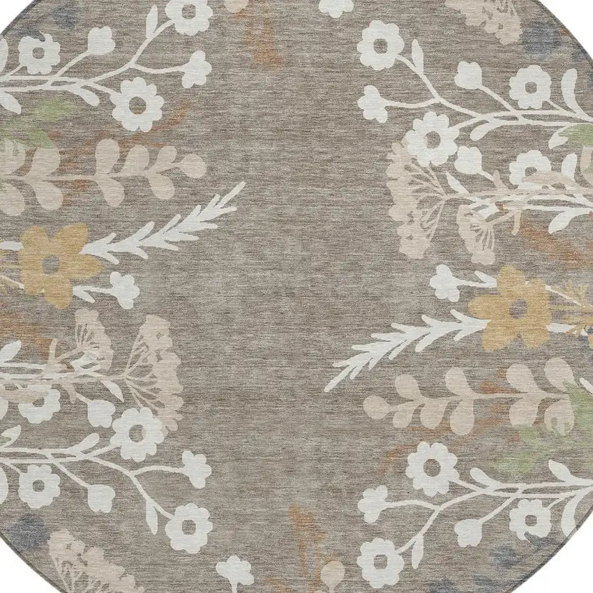 8' Taupe Green And Ivory Round Floral Washable Indoor Outdoor Area Rug Photo 7
