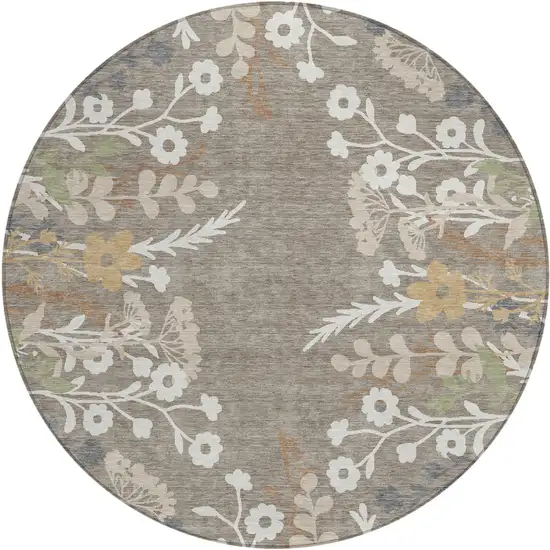 8' Taupe Green And Ivory Round Floral Washable Indoor Outdoor Area Rug Photo 2