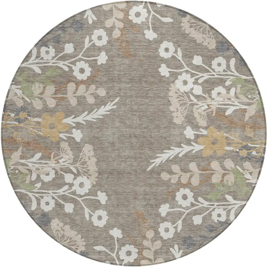 8' Taupe Green And Ivory Round Floral Washable Indoor Outdoor Area Rug Photo 2