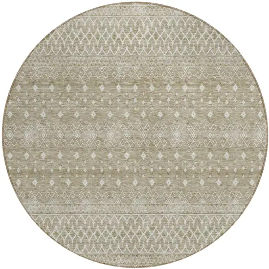 8' Taupe Green And Ivory Round Tribal Washable Indoor Outdoor Area Rug Photo 1