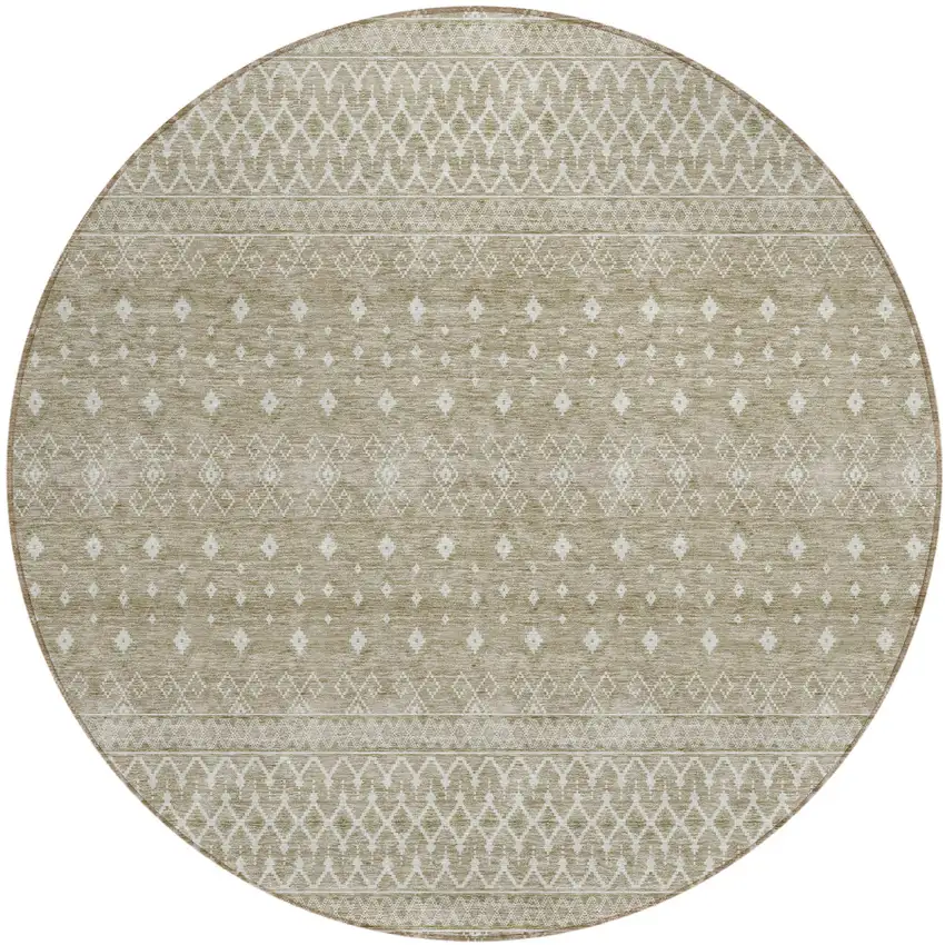 8' Taupe Green And Ivory Round Tribal Washable Indoor Outdoor Area Rug Photo 1