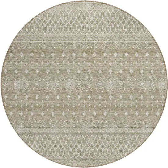 8' Taupe Green And Ivory Round Tribal Washable Indoor Outdoor Area Rug Photo 1
