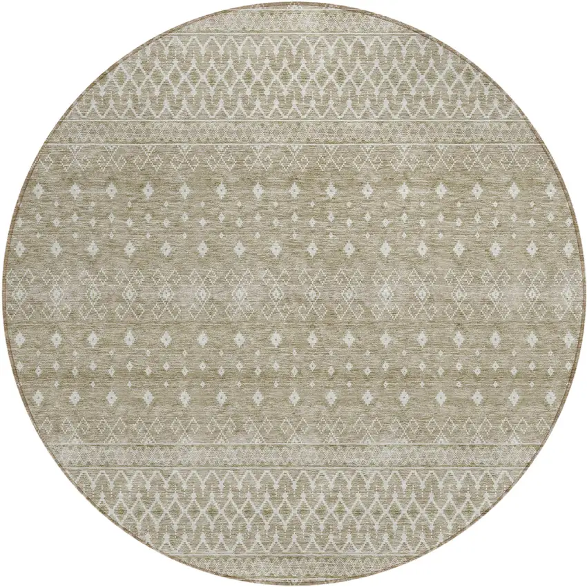 8' Taupe Green And Ivory Round Tribal Washable Indoor Outdoor Area Rug Photo 1