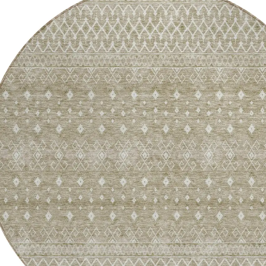 8' Taupe Green And Ivory Round Tribal Washable Indoor Outdoor Area Rug Photo 4