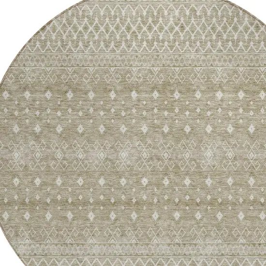 8' Taupe Green And Ivory Round Tribal Washable Indoor Outdoor Area Rug Photo 4