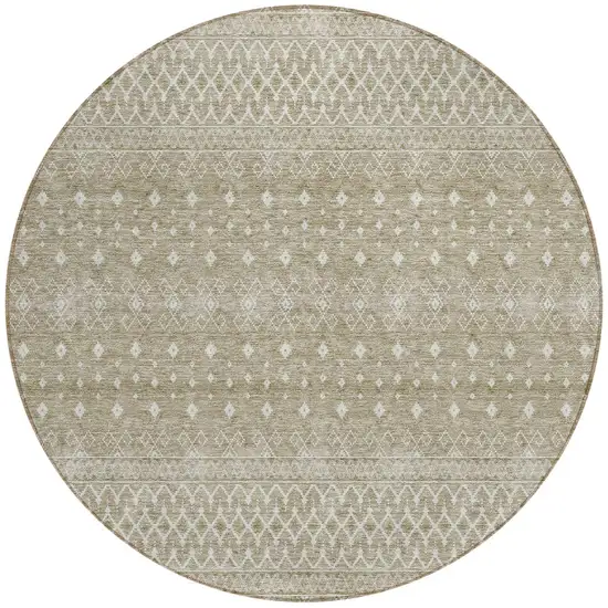 8' Taupe Green And Ivory Round Tribal Washable Indoor Outdoor Area Rug Photo 5