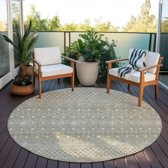 8' Taupe Green And Ivory Round Tribal Washable Indoor Outdoor Area Rug Photo 6