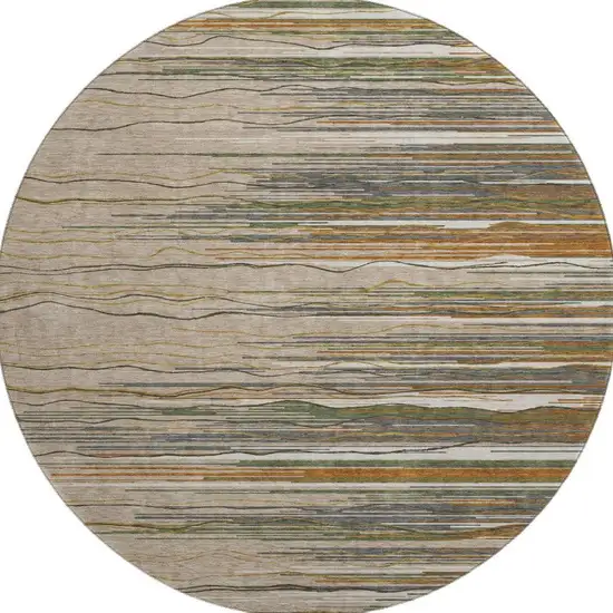 8' Taupe Green And Rust Striped Washable Round Rug With UV Protection Photo 3