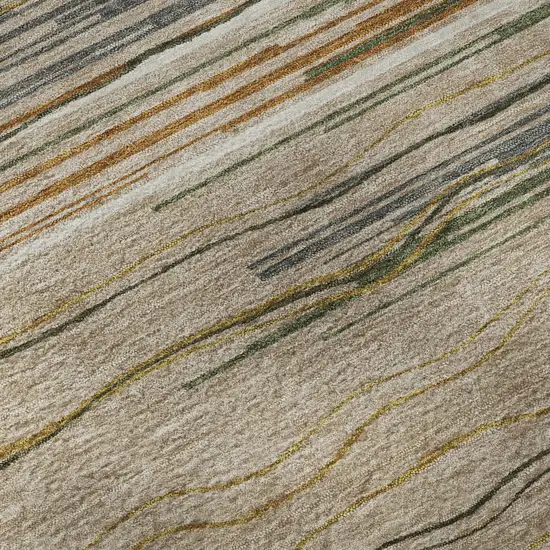 8' Taupe Green And Rust Striped Washable Round Rug With UV Protection Photo 8