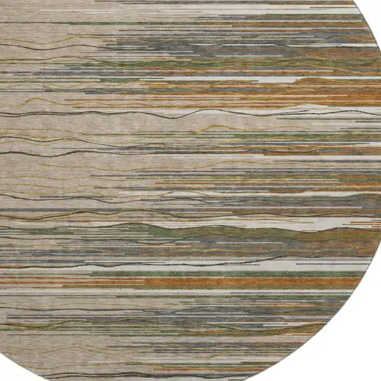 8' Taupe Green And Rust Striped Washable Round Rug With UV Protection Photo 2